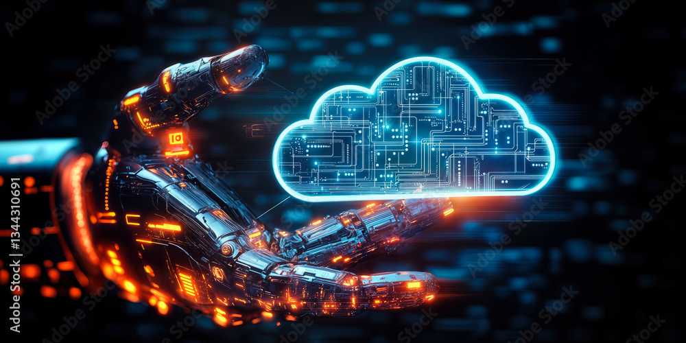 Poster futuristic robotic hand holding glowing cloud computing symbol with digital circuit design in 3d ren