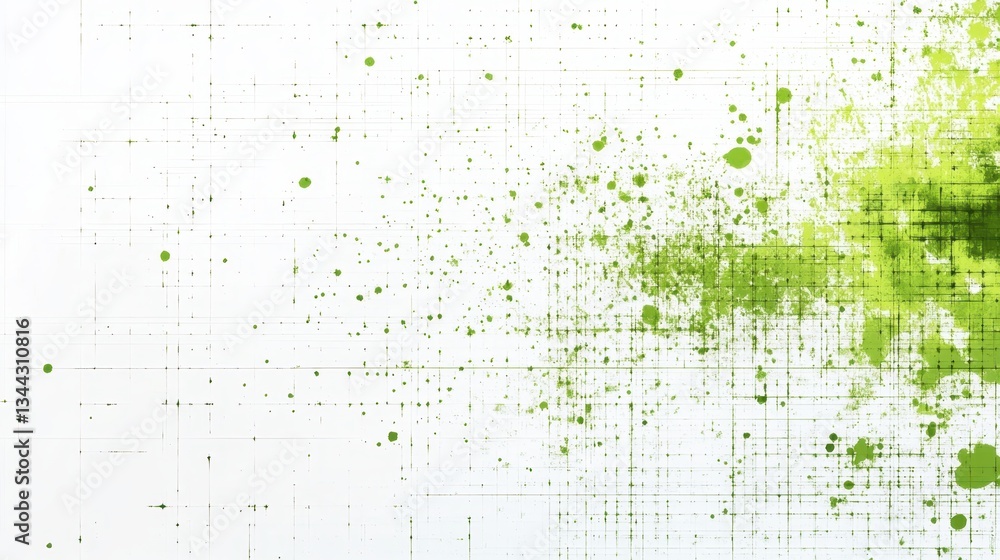 Poster green watercolor paint splashing over white gridded surface, generating dynamic textural pattern. st