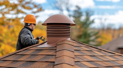 Roof Leak Concept, Roofer Working on Roof with Vent Pipe Installation to Secure Bolts and Prevent Leaks in Autumn Landscape