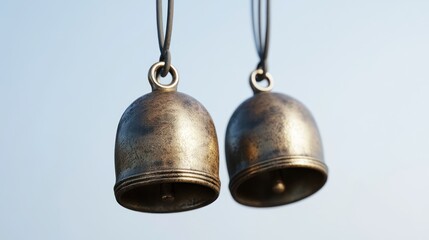Brass bells hanging, outdoors, serene sky