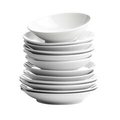 Obraz premium A collection of white ceramic plates is arranged in a tall stack, with a bowl resting on the top plate. The plates appear clean and ready for use, showcasing their elegant design