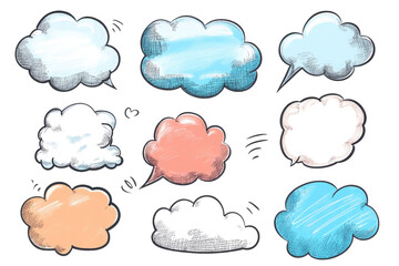 Obraz premium This collection showcases diverse speech bubbles in assorted shapes and colors, perfect for enhancing creative projects, illustrating dialogue, and adding visual interest to designs