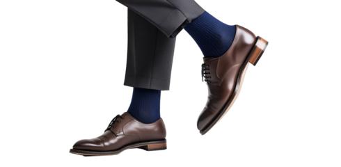 Brown Leather Dress Shoes with Blue Socks and Gray Pants isolated