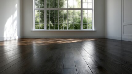 Fototapeta premium Empty room with large window, hardwood floor