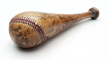 Vintage wooden baseball bat resting on a white surface, showcasing its detailed texture