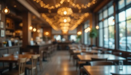 Interior of a restaurant with wooden furnishings and string lights