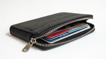 Black Leather Zipper Wallet with Cards