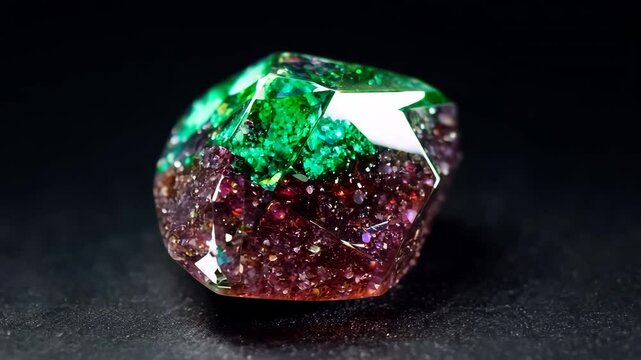A close-up view of a colorful Ruby Zoisite gemstone featuring vibrant green and purple hues, with a sparkling surface and unique facets, set against a dark background.