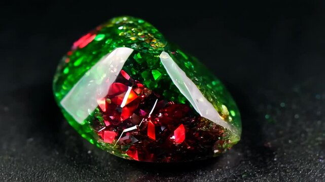 A close-up view of a vibrant green and red Ruby Zoisite gemstone, showcasing its intricate facets and sparkling surface. The gem is set against a dark background, highlighting its colors and clarity.