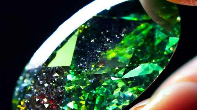 Close-up of a hand holding a sparkling green Ruby Zoisite gemstone against a dark background.