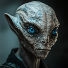 portrait of an alien with extreme blue eyes glowing from the inside