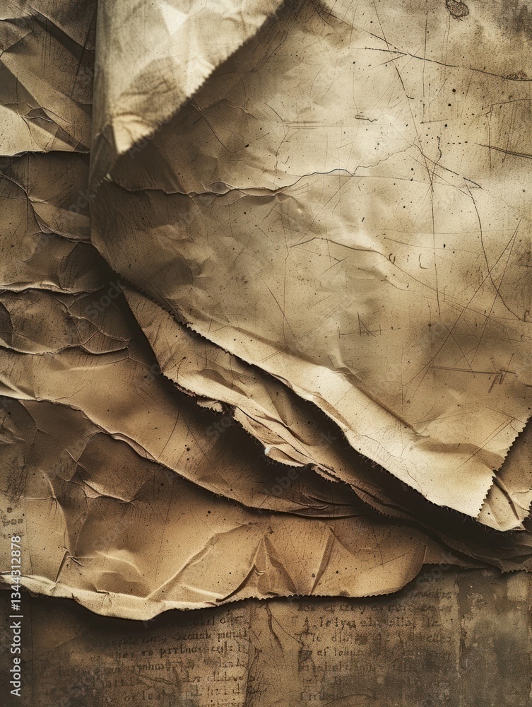 Poster crumpled pages of a sepia-toned manuscript layered intricately under soft lighting, creating deep sh