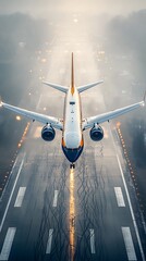 Airplane taking off, misty runway