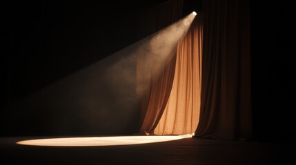 A giant curtain opening on a grand theater stage with a spotlight shining.