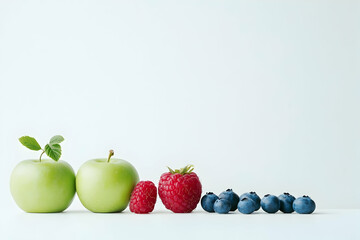 Green apples, raspberries, blueberries on white. Healthy food photo for recipe blogs
