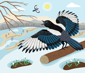Decorative illustration of magpie in nature. Vector design element