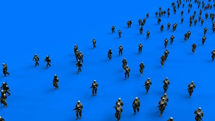 a crowd of walking soldiers with weapons. green screen. War, conflict concept. 3d rendering