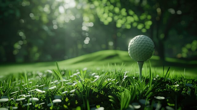 Close-Up of a Golf Ball on a Tee in Lush Green Grass, national golf month,