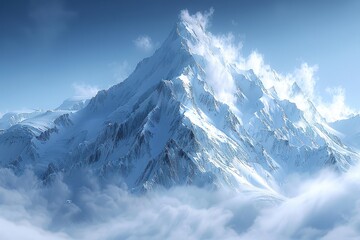 Obraz premium Sharp mountain peaks tower over a blanket of powdery snow and swirling mist, creating an expansive winter wonderland