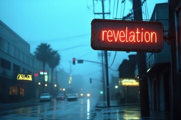The Misty Urban Street on a Rainy Evening Featuring an Illuminated 'Revelation' Sign in the Foreground and a Moody, Atmospheric Ambiance