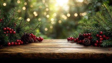 Rustic wooden table with pine, berries & bokeh. Perfect for Christmas cards, product displays, or festive backgrounds.