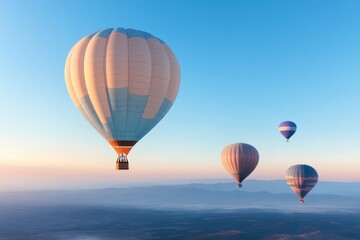 Fototapeta premium hot air balloon floats peacefully against clear blue sky during sunrise with ample copy space surrounding invoking