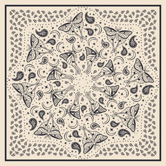 Black and white scarf or bandana with luna moths and paisley mandala pattern. Ethnic monochrome carpet design with butterfly. Abstract boho nocturnal insects background.