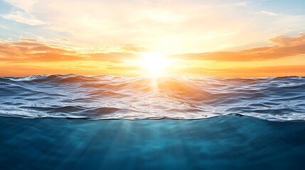 Fototapeta premium Beautiful Ocean Sunset Over Calm Water Waves with Bright Sky and Colorful Clouds Above Horizon