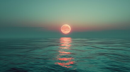 Pink moon over tranquil ocean sunrise