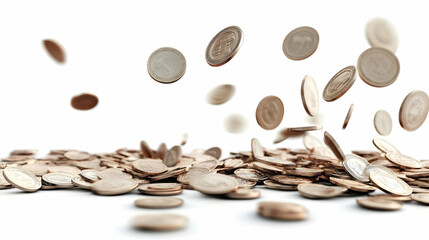 Falling coins on white background, wealth concept