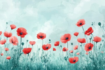 Obraz premium Vibrant Red Poppies Against a Soft Blue Sky Background