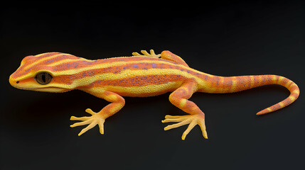 Naklejka premium Vivid orange and yellow striped gecko on black background. High-resolution studio shot of a reptile.