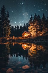 Fototapeta premium Starry Night Cabin Reflection on Lake