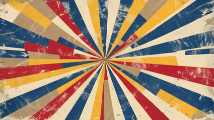 A vintage-style radial burst background with alternating distressed stripes in red, blue, yellow, and beige. The lines converge at the center, creating a dynamic starburst effect. 