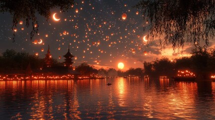 Lanterns float over river town at sunset