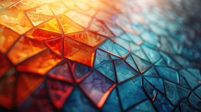 Mosaic crafted from tiny triangular fragments showcases a jagged pattern illuminated by soft ambient light