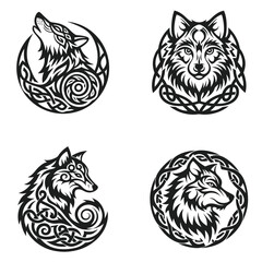 Wild wolf, tiger, and cat tribal vector illustration depicts powerful feline and mammal animal heads in a black and white wildlife design