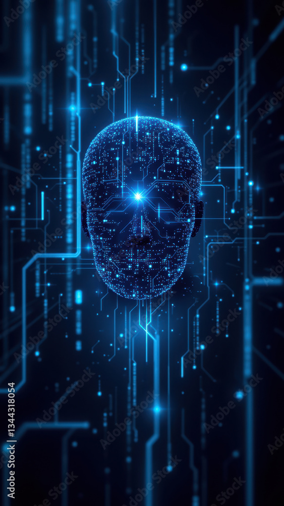 Poster the image depicts a human skull with glowing blue eyes and brain, representing advanced technology o