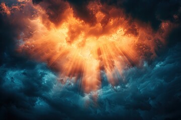 Fototapeta premium Sunlight breaks through dense storm clouds at sunset, creating intense contrasts and a moody atmosphere of deep colors