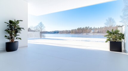 Modern patio with winter landscape view