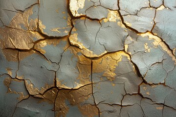 Cracked paint with shimmering gold leaf creates a stunning texture enhanced by soft lighting