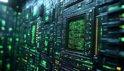 Fototapeta premium Futuristic green circuit board, intricate design, glowing components, technological detail