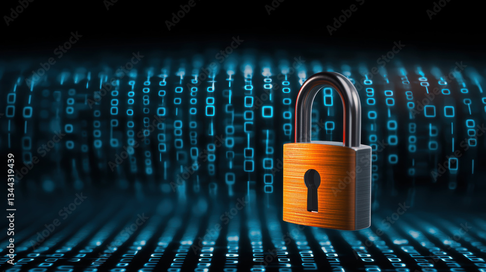 Poster digital padlock symbolizes security and protection against cyber threats, set against backdrop of bi