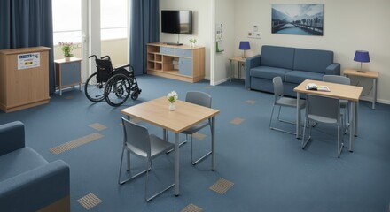 Modern Assisted Living Community Room with Wheelchair and Comfortable Furniture