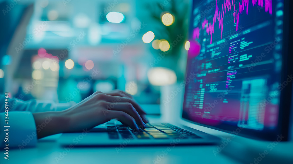 Poster stock analysis: hands typing on laptop displaying financial graphs and data charts