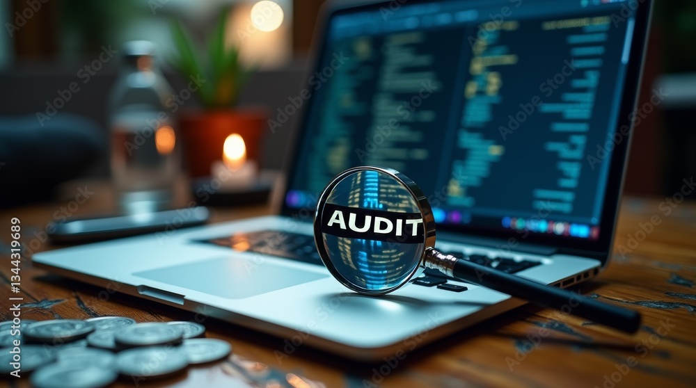 Poster auditing process: a magnifying glass emphasizes the word 