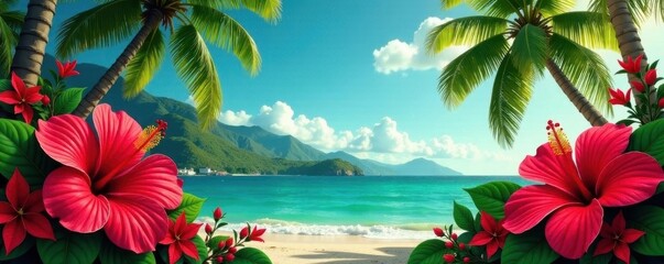 Hibiscus, poinsettia & palm trees; Christmas luau theme, decor, colorful