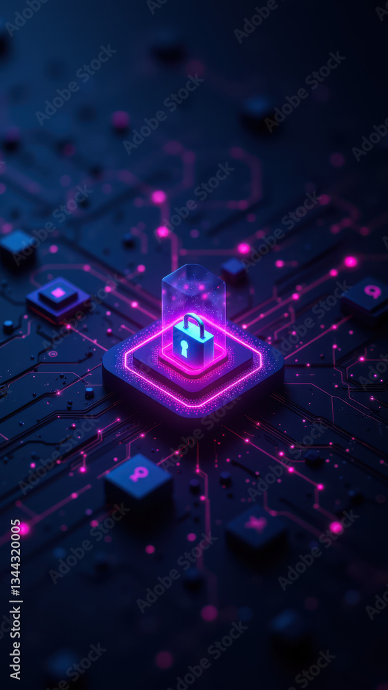 Poster high-tech security illustration with a central digital key within a circuit board.