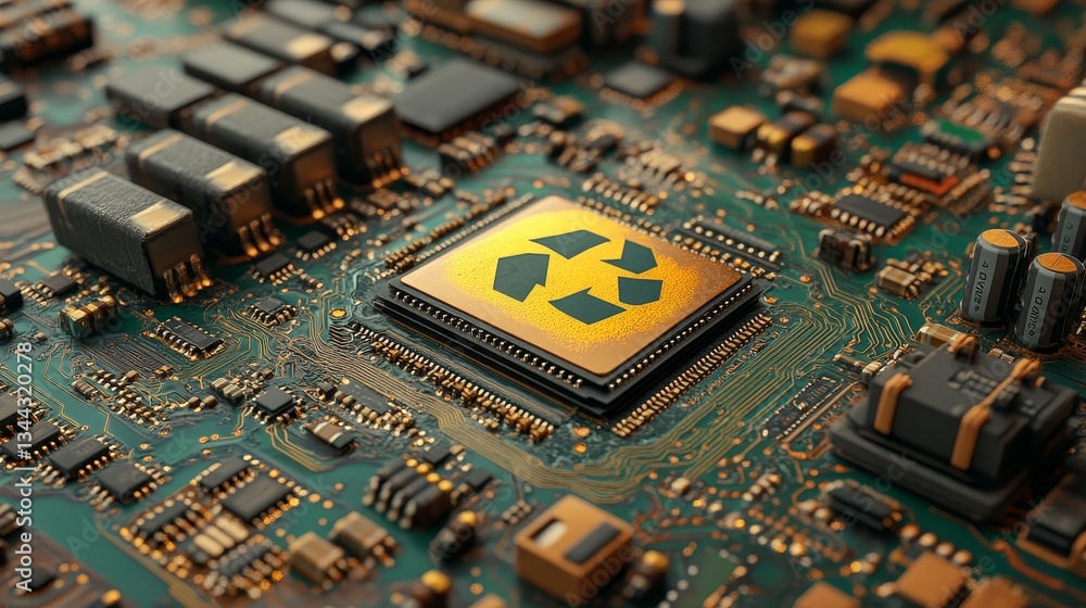 Poster a futuristic motherboard features a microchip with an integrated eco technology concept and recycle 