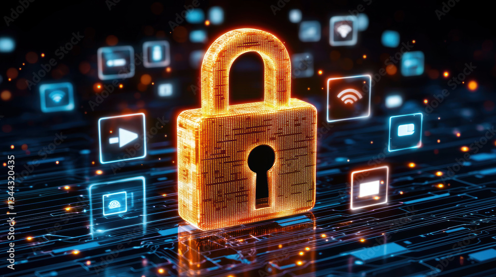 Poster digital padlock with keyhole is illuminated against backdrop of technology icons, symbolizing securi